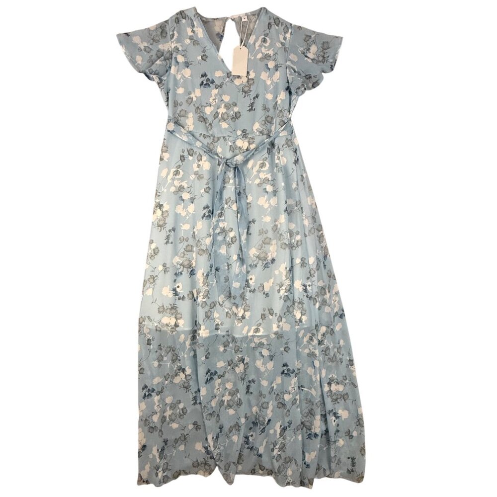 Floral Light Blue Maxi Dress With Flutter‎ Sleeves Smocked Back Tie Waist Medium